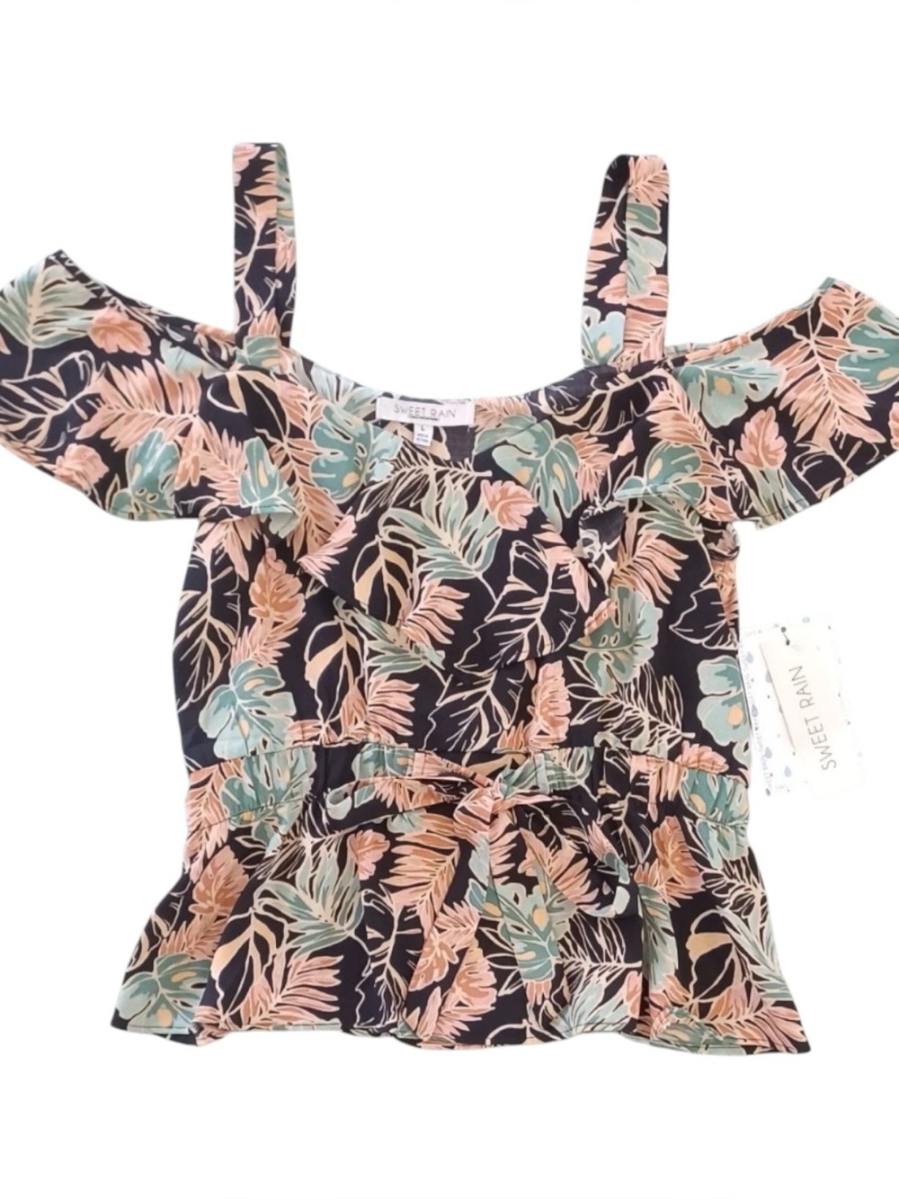 Sweet Rain Large Cold Shoulder Top Blouse Tie Front Tropical Floral Summer